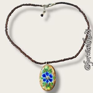 Hand Painted Pendant Necklace with Seed Bead Chain
